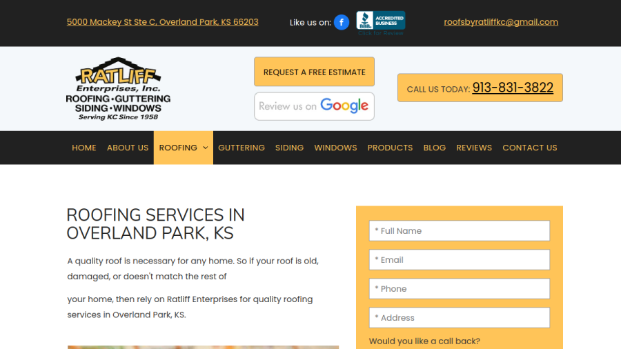 Screenshot of Ratliff Roofing, Siding and Gutter Enterprises website