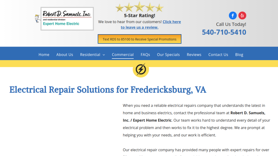 Screenshot of the ROBERT D. SAMUELS INC./EXPERT HOME ELECTRIC website
