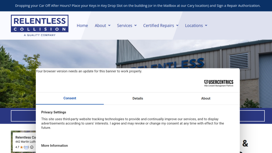 Screenshot of the Relentless Collision website