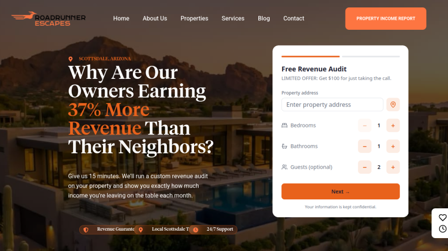 Screenshot of the Roadrunner Escapes website