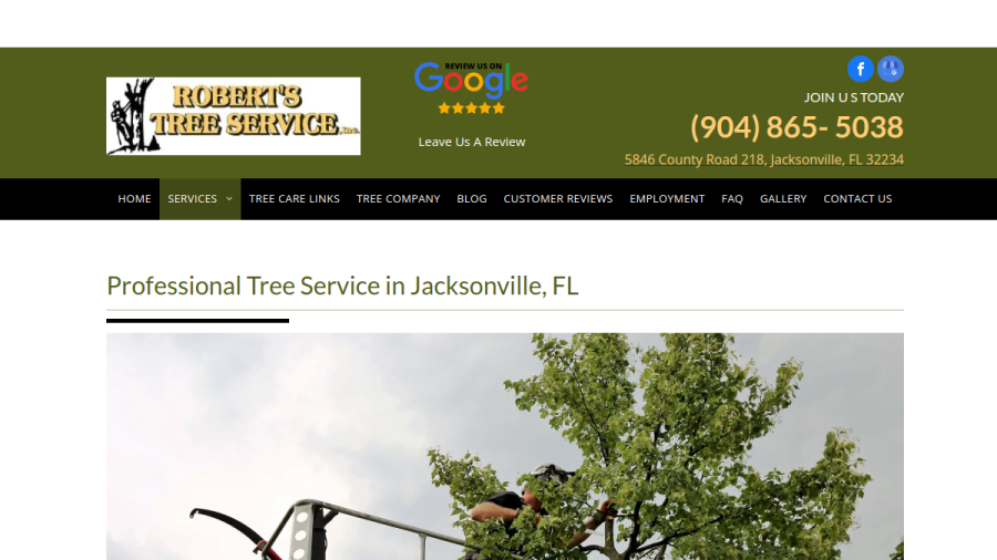 Screenshot of the Robert's Tree Service website