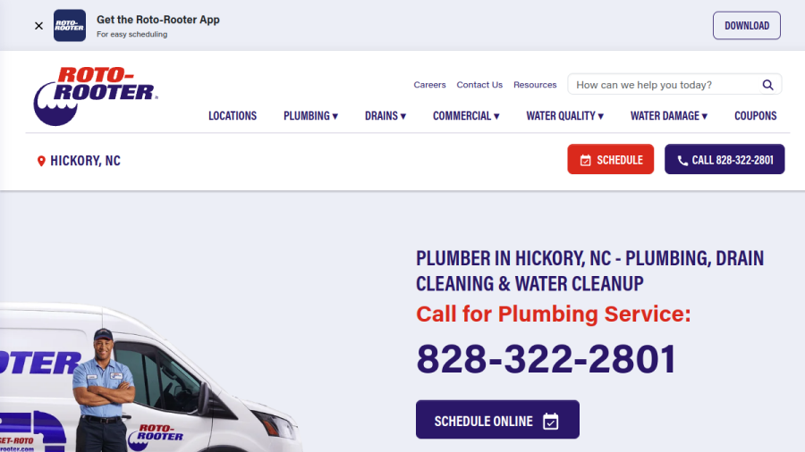 Screenshot of the Roto-Rooter Plumbing  Water Cleanup Offers Expert Water Heater Repair in Hickory website