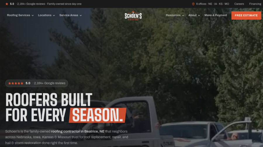 Screenshot of Schoens Roofing LLC website