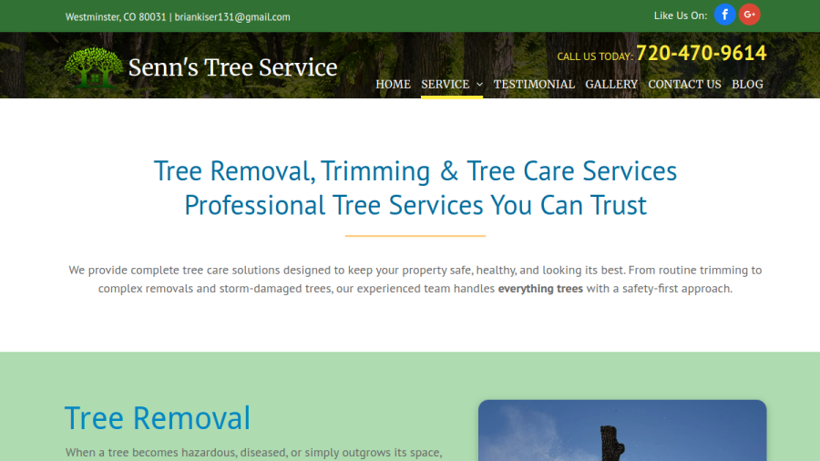Screenshot of the Senn's Tree Service website