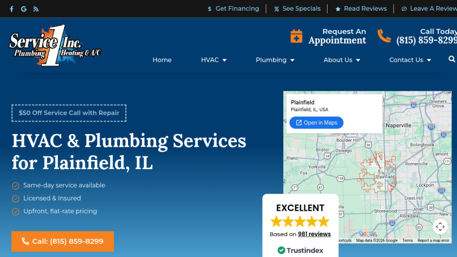 Website screenshot of Service 1 Plumbing, Heating & A/C Inc.