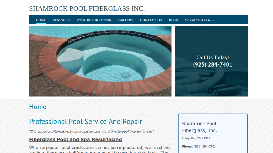 Screenshot of the Shamrock Pool Fiberglass Inc website