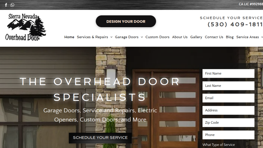 Screenshot of Sierra Nevada Overhead Door Company website