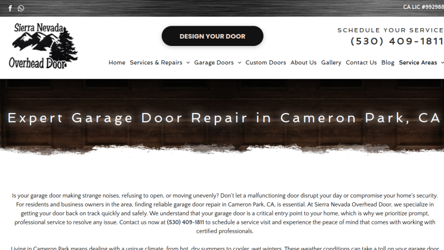 Screenshot of the Sierra Nevada Overhead Door website
