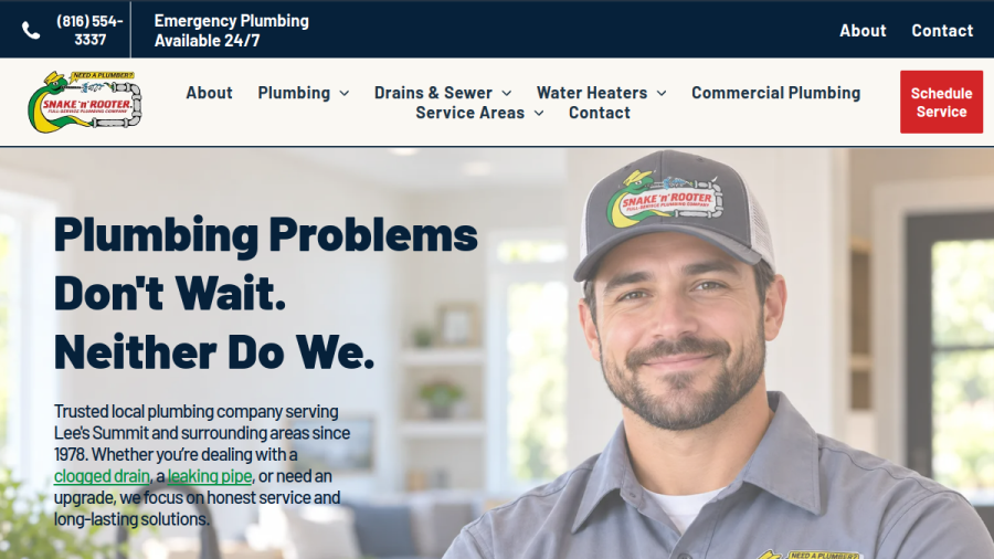 Screenshot of the Snake 'n' Rooter Plumbing Company website