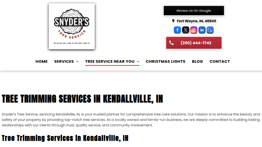 Screenshot of the Snyder's Tree Service website