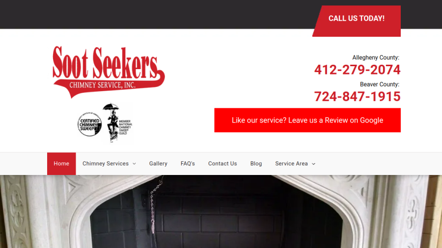 Screenshot of the Soot Seekers Chimney Service website