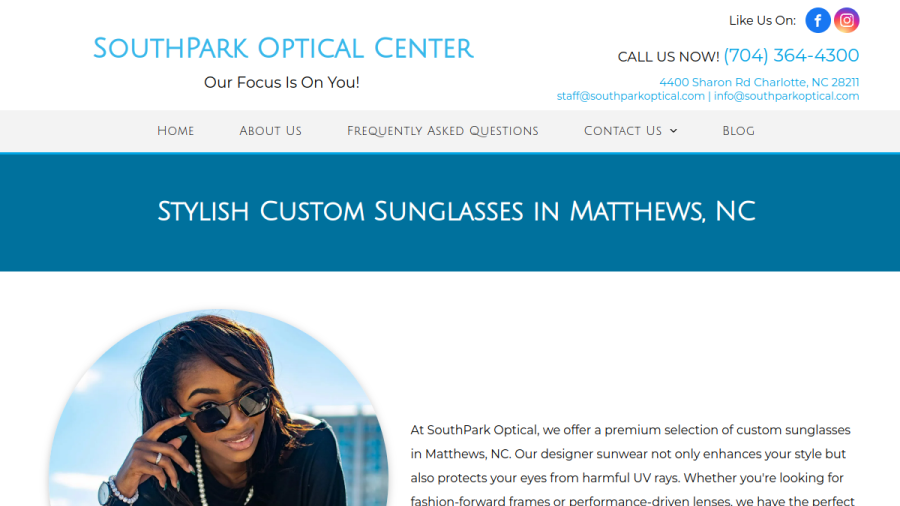 Screenshot of SouthPark Optical Center website