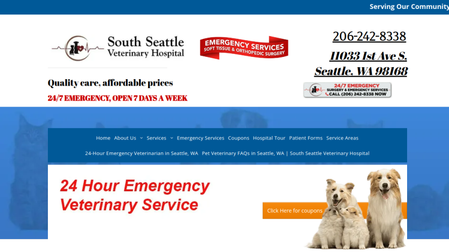 South Seattle Veterinary Hospital website screenshot