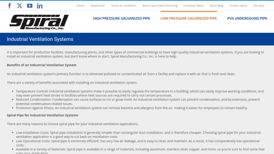Spiral Manufacturing Co., Inc. website screenshot