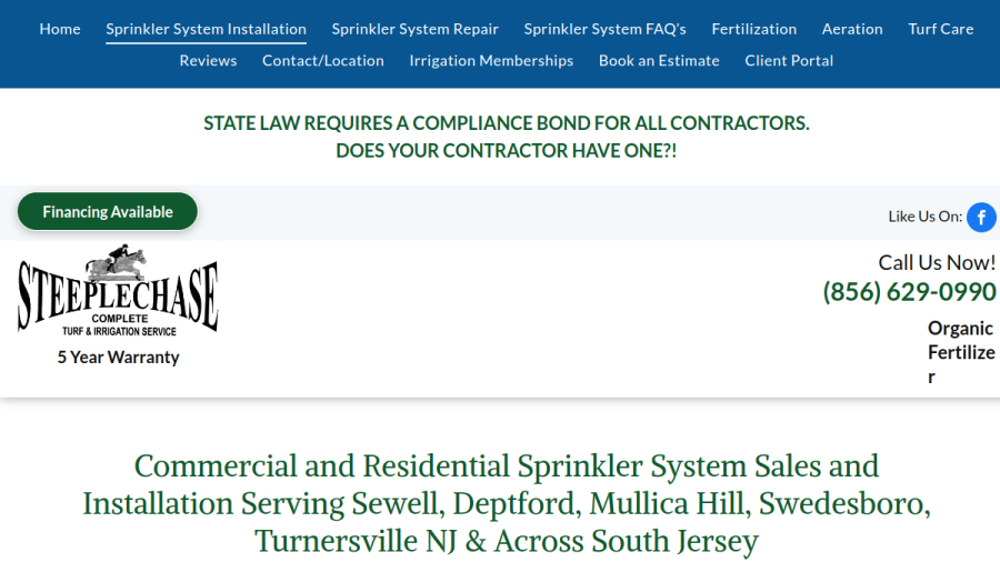 Screenshot of the Steeplechase Irrigation website