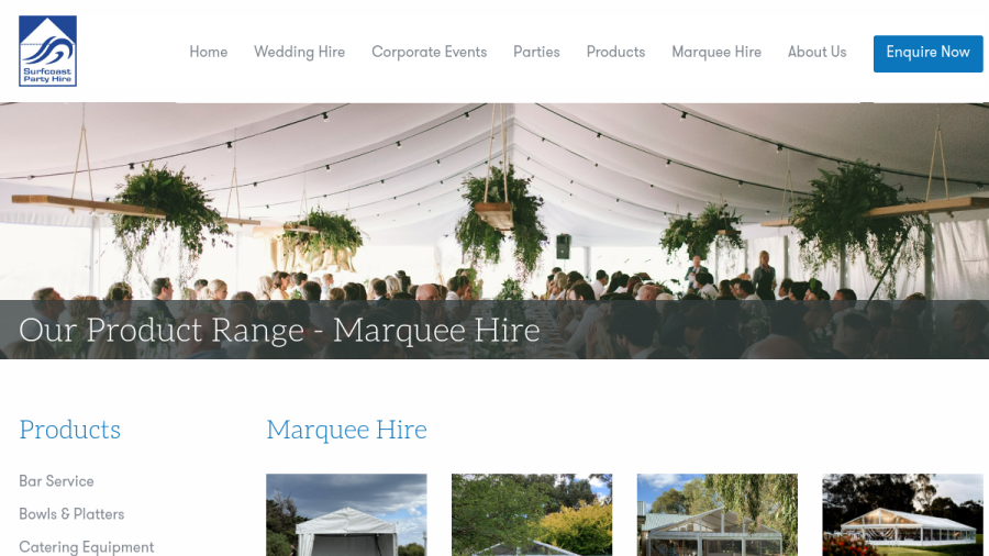 Screenshot of the Surfcoast Party Hire website
