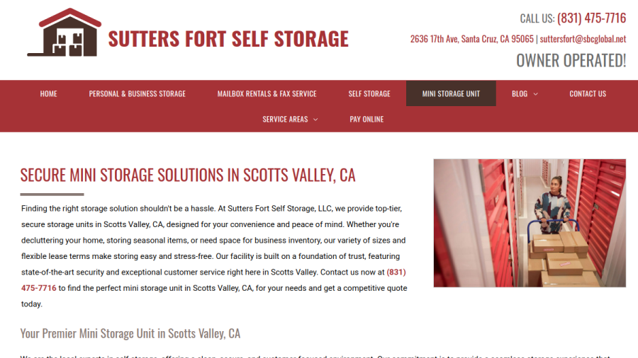 Screenshot of the Sutters Fort Self Storage website
