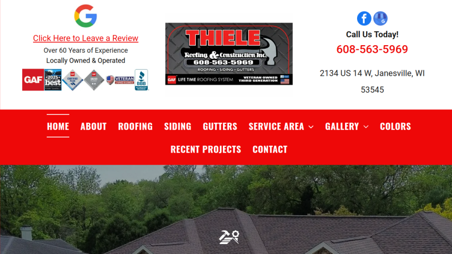 Screenshot of the Thiele Roofing & Construction website