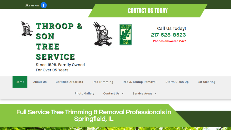 Screenshot of the Throop & Son Tree Service website