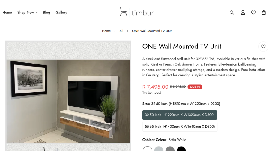 Screenshot of the Timbur Furniture website