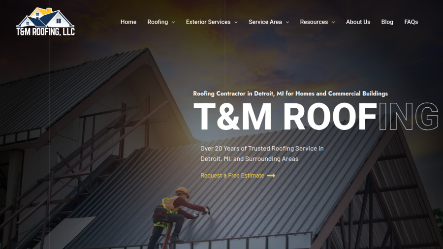 Screenshot of the T&M Roofing website