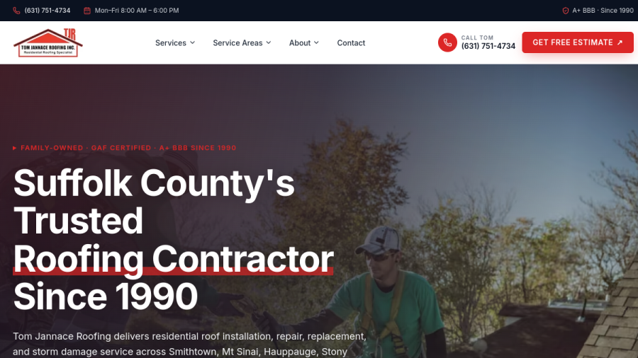 Screenshot of the Tom Jannace Roofing, Inc. website