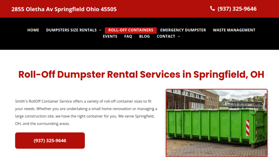 Screenshot of the Smith's Roll Off Container Service website