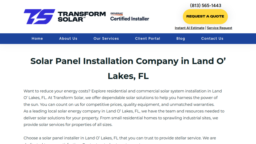Website screenshot of Transform Solar