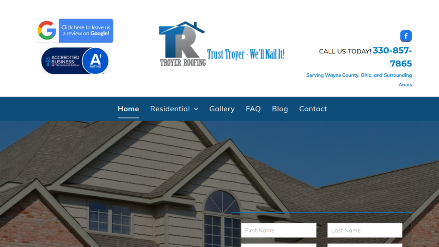 Screenshot of Troyer Roofing & Construction website