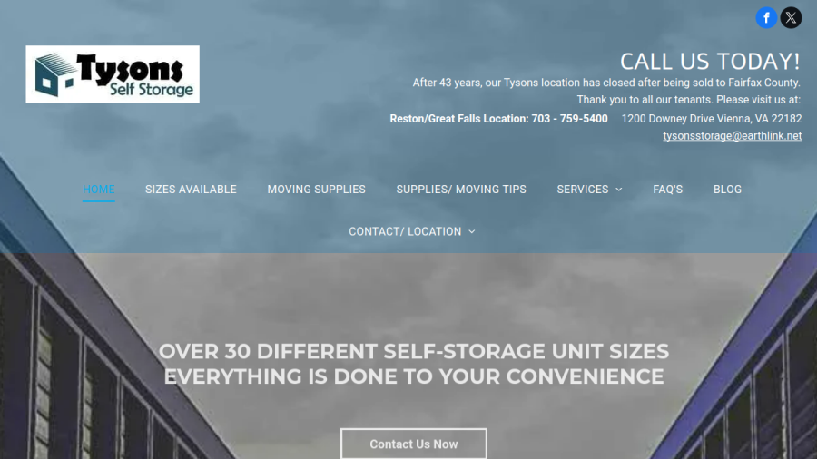 Screenshot of the Tysons Self Storage website