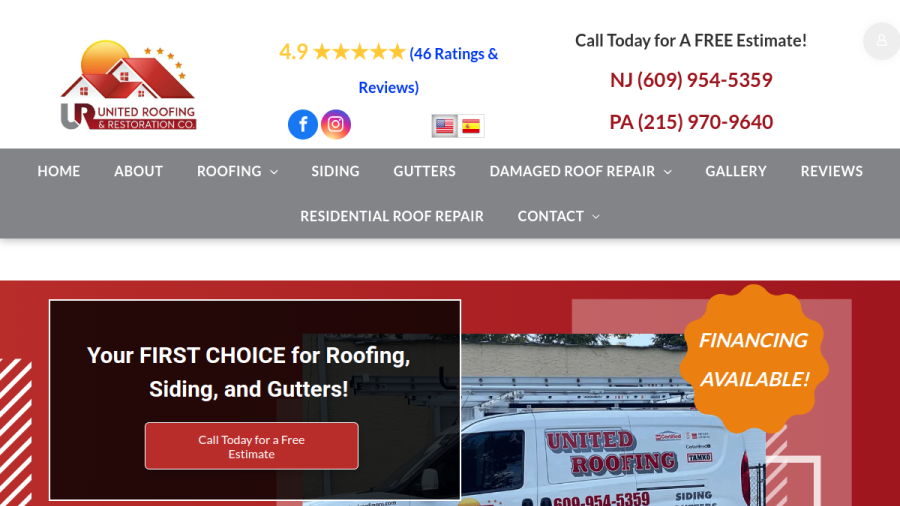 Website screenshot of United Roofing & Restoration Inc.