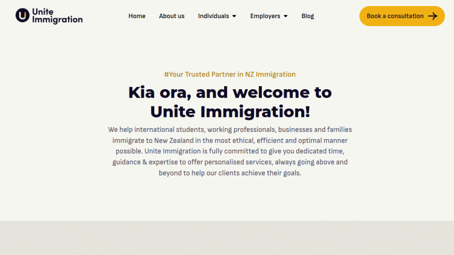Screenshot of Unite Immigration website