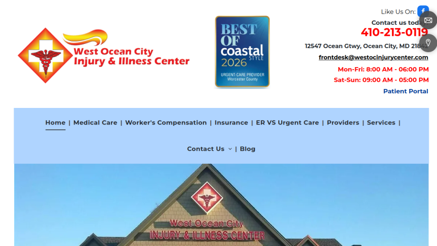 Screenshot of the West Ocean City Injury & Illness Center website