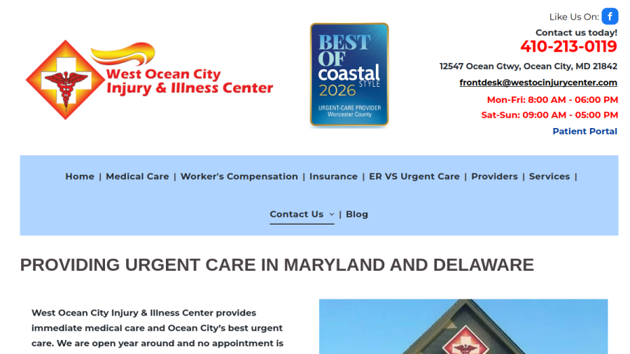 Screenshot of the West Ocean City Injury & Illness Center website