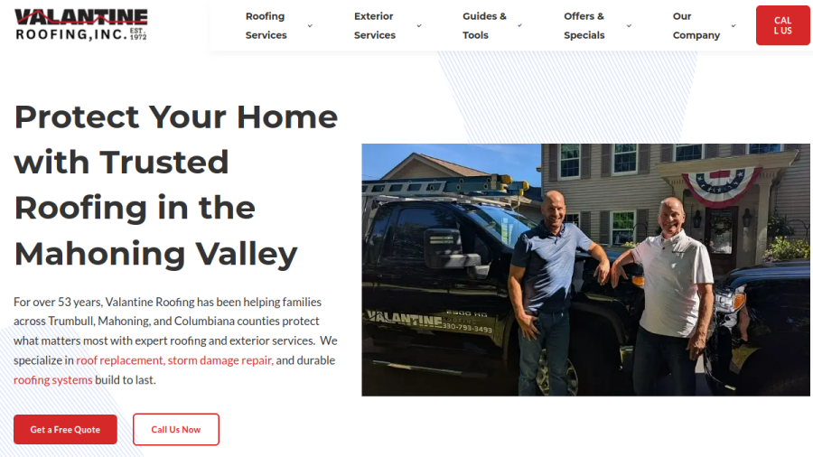 Screenshot of Valantine Roofing website
