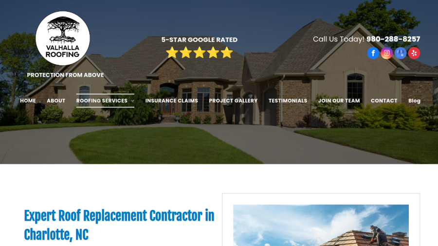 Screenshot of the Valhalla Roofing website