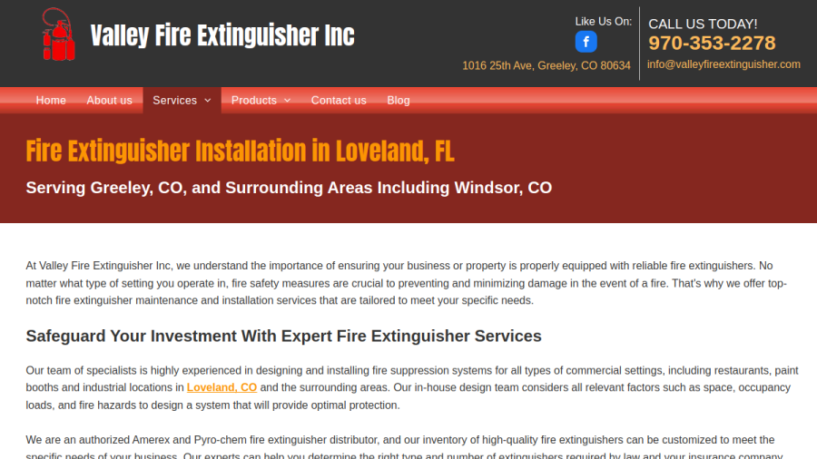 Screenshot of the Valley Fire Extinguisher Inc website