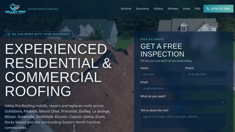 Screenshot of the Valley Pro Roofing website