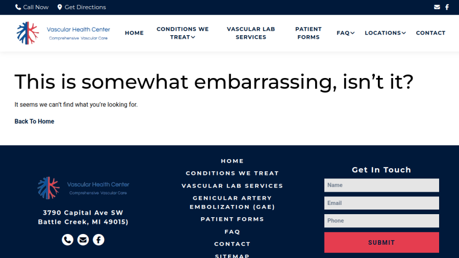 Screenshot of Vascular Health Center website