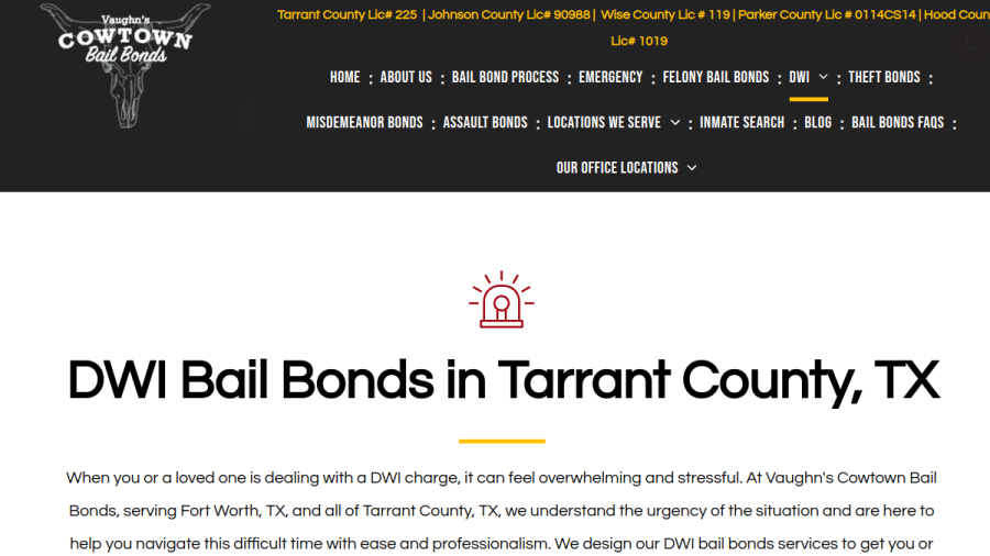 Screenshot of the Vaughn's Cowtown Bail Bonds website