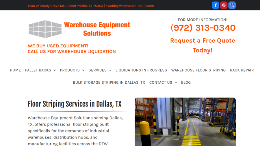 Screenshot of the Warehouse Equipment Solutions website
