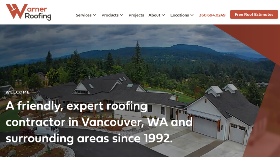 Screenshot of the Warner Roofing & Construction, Inc. website
