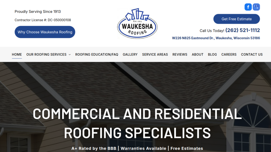 Screenshot of the Waukesha Roofing & Sheet Metal, Inc. website