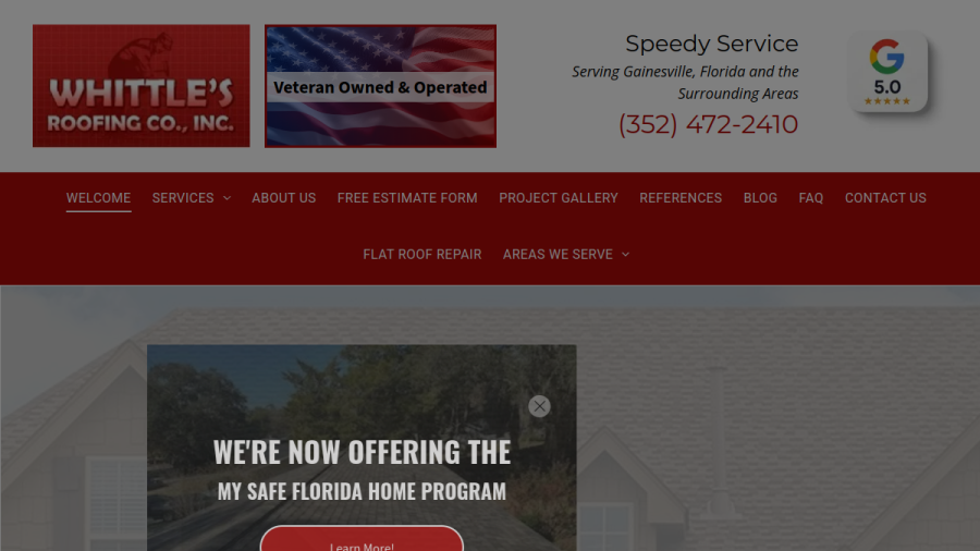 Screenshot of the Whittle's Roofing Co Inc website