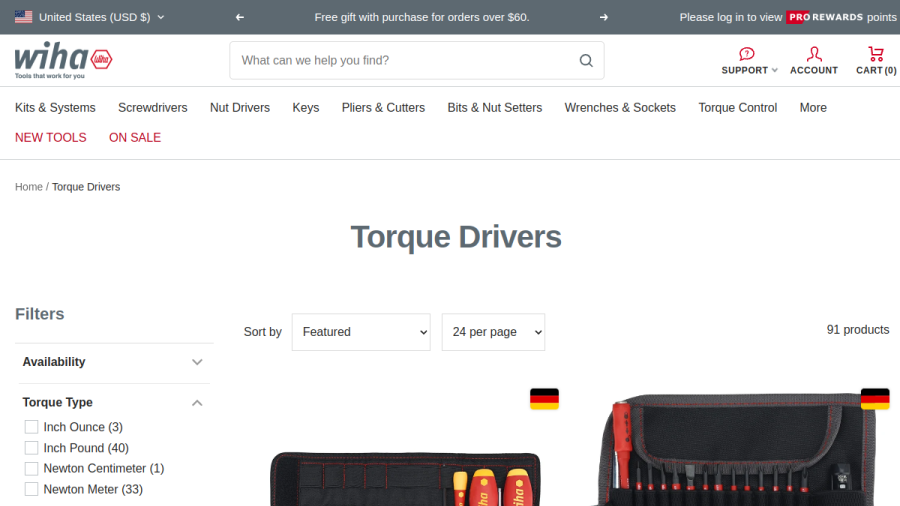 Screenshot of Wiha Tools website