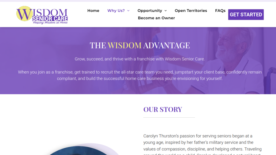 Screenshot of the Wisdom Senior Care Franchise website