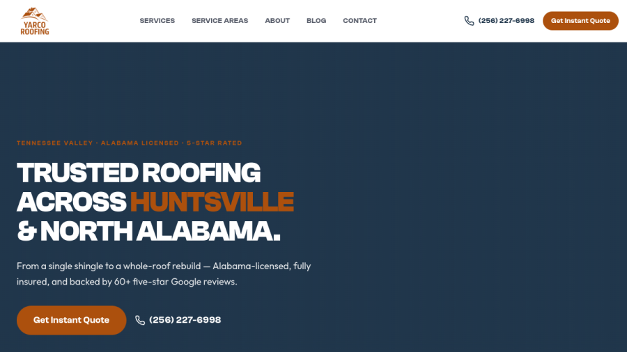 Screenshot of Yarco Roofing and Construction website