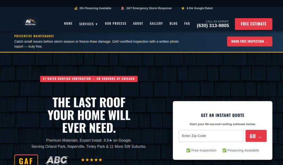 Zrzut ekranu strony AJ Roofing