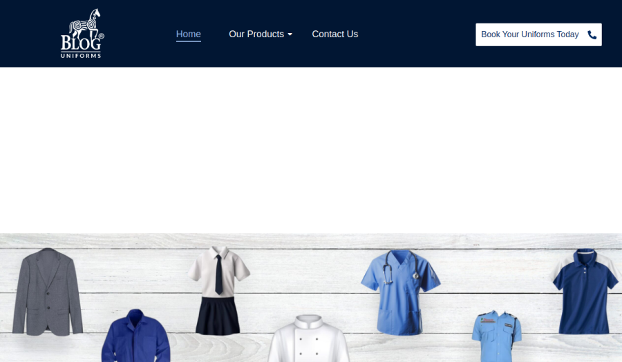 Homepage screenshot of Blog Uniforms — Uniform Manufacturer website built by WebBees
