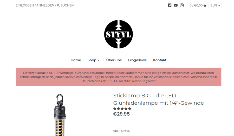 Original STYYL Produktseite: Sticklamp BIG LED-Lampe